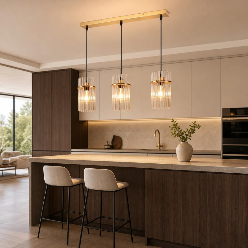 3 - Light Glass Cylinder Pendant, Gold