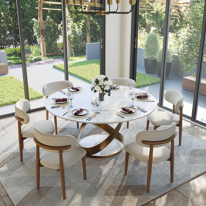Table de salle à manger Maxwell, Blanc lustré, Bronze, H 29,53 po x L 59,06 po x l 59,06 po