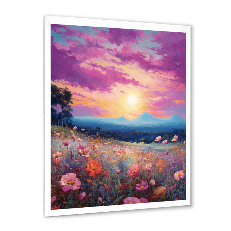 «Breathtake Sunset In Blossoming Flower Meadows», reproduction sur toile, H 32 po x l 24 po x P 1 po, Cadre simple blanc