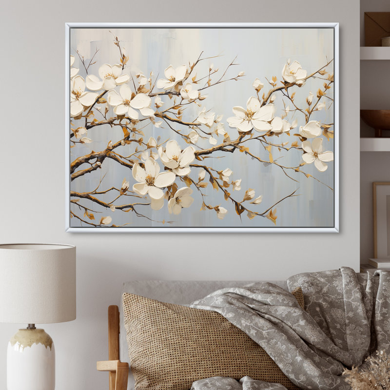 «White Dogwood Blossom Escape I» sur toile, Cadre flottant blanc, H 16 po x l 32 po x P 1 po