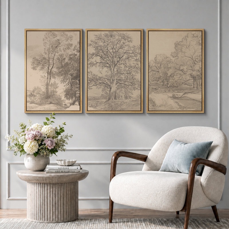 «Rustic Countryside», croquis rétro, arbre de forêt, œuvre d'art de campagne française classique neutre, impression sur toile encadrée, 3 pièces, 16 po x 24 po x 3 pièces, 24 po x 36 po x 3 pièces