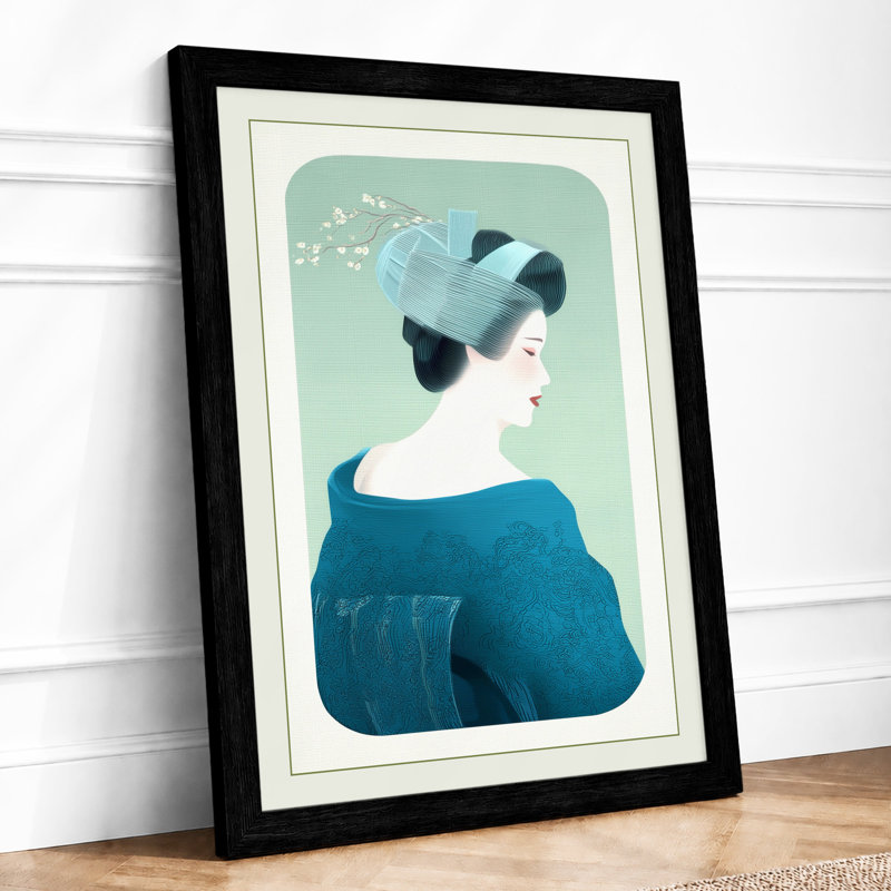 Woman in Teal Profile Art Deco 1 Piece Single Picture Frame Wall Art, A2 - 59.4 x 42.0 cm, Black