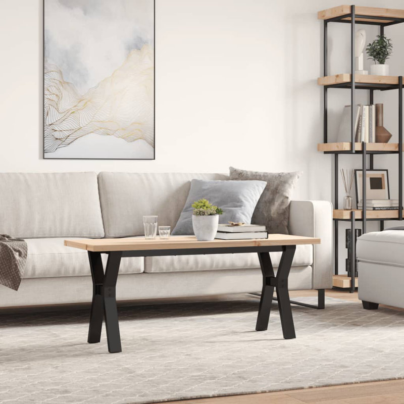 vidaXL Coffee Table Y-Frame Solid Wood Pine and Steel, 45.5cm H x 110cm L x 40cm W