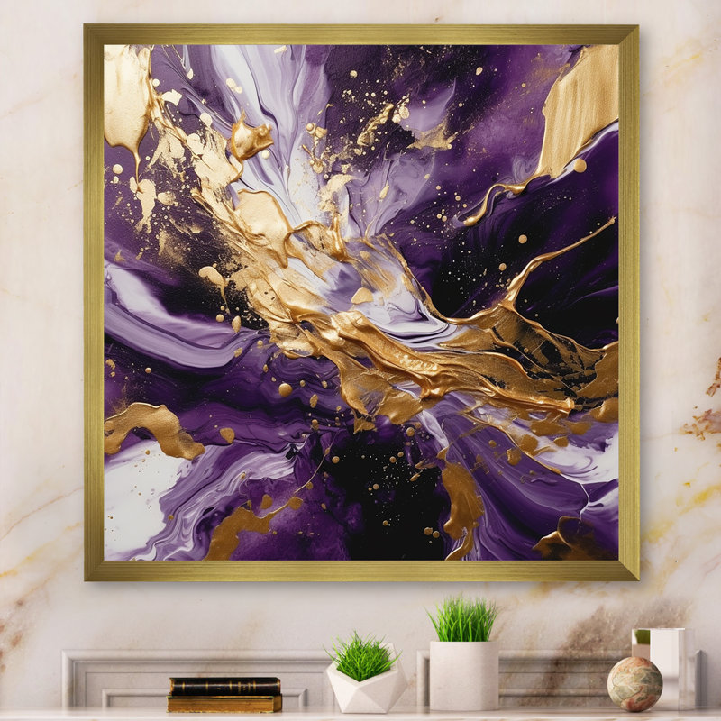 Mauve et or liquide Magic III - Art mural abstrait pour le salon, Doré, H 16 po x l 16 po, Cadre photo unique