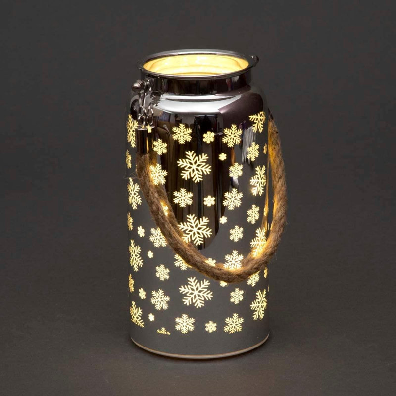 20cm Christmas Snowflakes Design Silver Jar Table Lantern with Warm White LED Lights