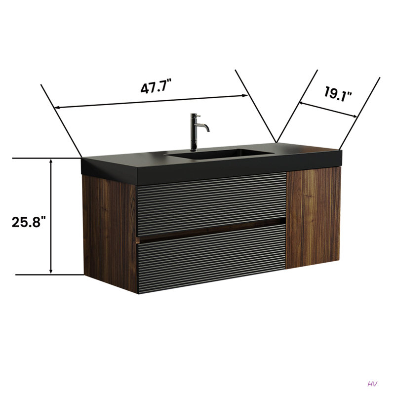 Meuble-lavabo 48 po avec lavabo à quartz et tiroirs moelleux et une porte, meuble-lavabo mural flottant pour salle de bain moderne, pré-assemblé