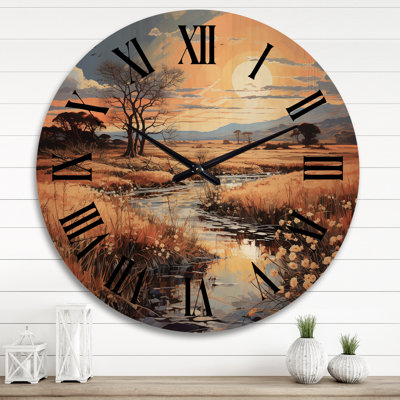 Yellow Blue Prairies Gold And Sky VI - Landscapes Oversized Wood Wall Clock