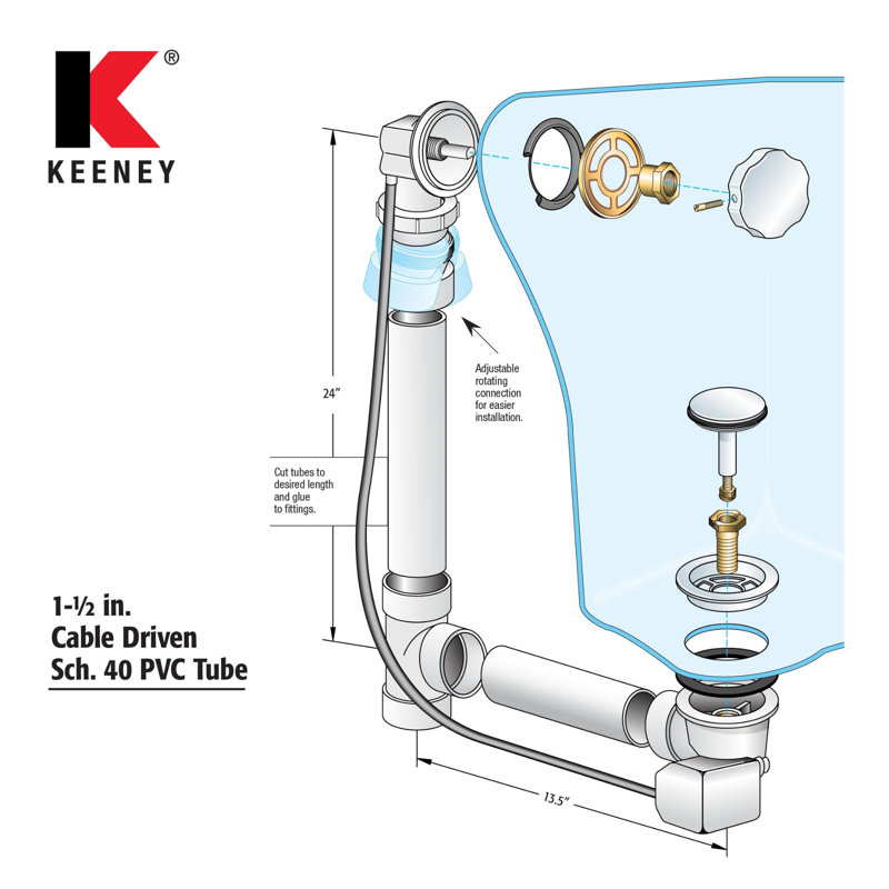 Keeney 645pvcdsbn Cable Driven Pvc Bathtub Drain Kit For Standard Size Tubs, Brushed Nickel, ‎Polished Chrome