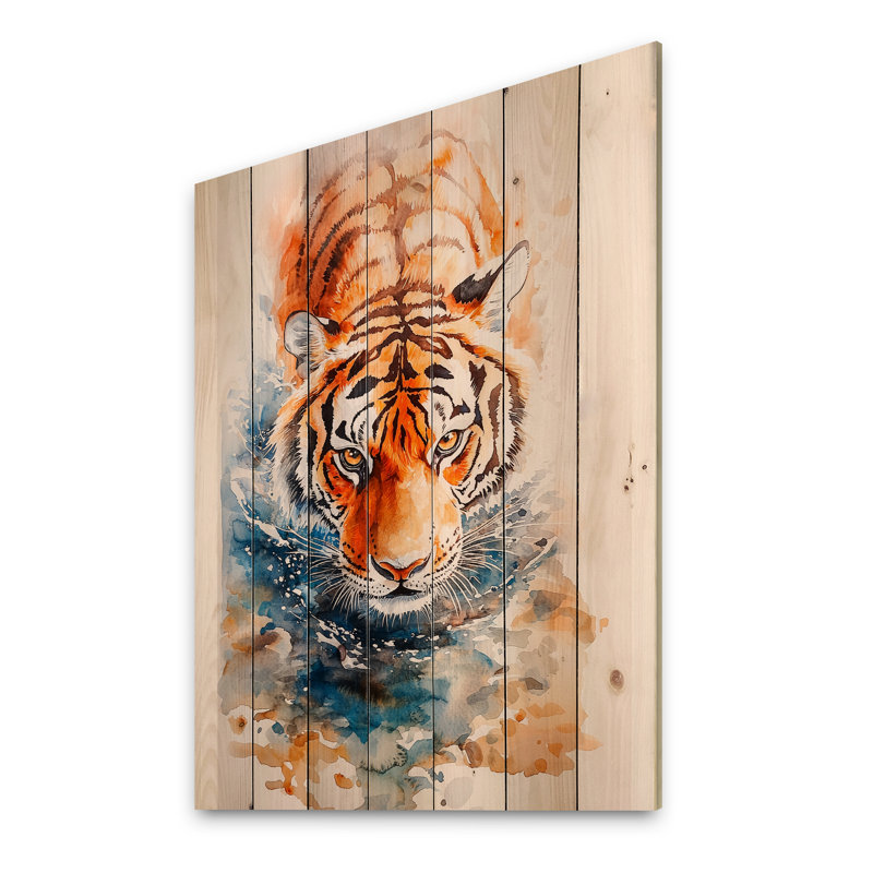 Tigre à la chasse en Afrique I - Impression moderne en bois orange sur bois de pin naturel, H 44 po x l 34 po