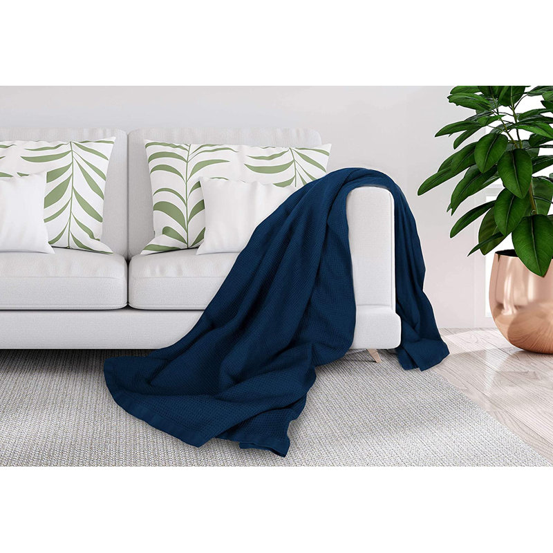 Deep Blue Cotton Waffle Knit Queen Blanket