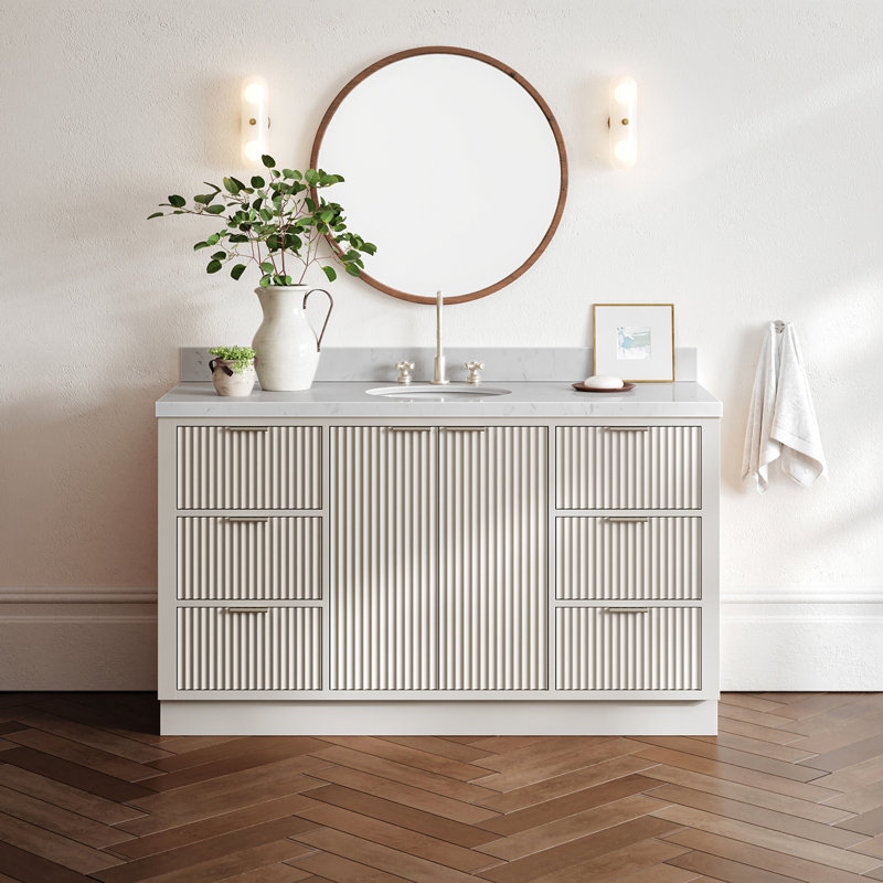 Meuble-lavabo simple en bois massif 60 po avec plateau en quartz blanc chaud de 1,5 po Haun Haun, Ovale, Blanc chaud, 60"