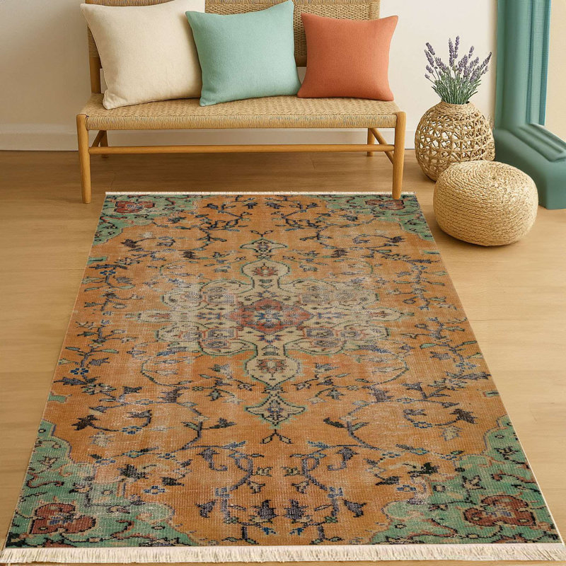 Burnt Orange & Teal Distressed Persian Area Rug
