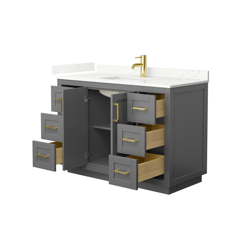 Ensemble de meuble-lavabo simple autoportant 48 po avec plateau en quartz Miranda, Quartz Giotto, Gris foncé, Or brossé