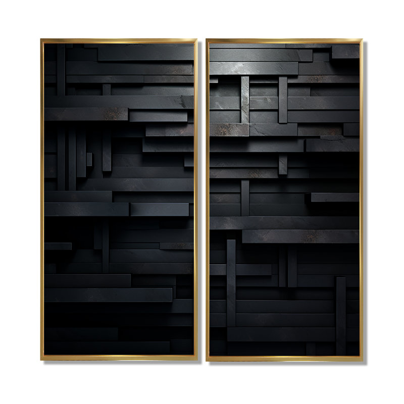 «Black Brick Cube Dimensions V», art mural abstrait géométrique, ensemble de 2 impressions sur toile, H 32 po x l 32 po, Doré