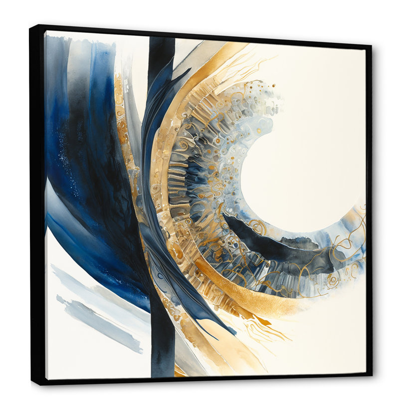 «Blue and Gold Swirl Abstract IV», impression sur toile, H 16 po x l 16 po x P 1 po, Cadre flottant noir