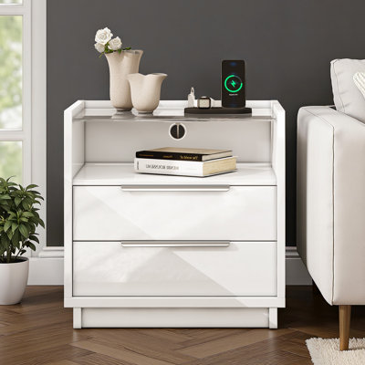 Modern High Gloss Nightstand With Charging Station