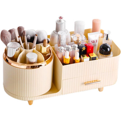 Organisateur de maquillage rotatif 360 pour coiffeuse avec porte-pinceau et tiroir, rangement pour maquillage cosmétique, grand organisateur de maquillage pour la peau, organisateur de maquillage de comptoir, vitrine de lotions