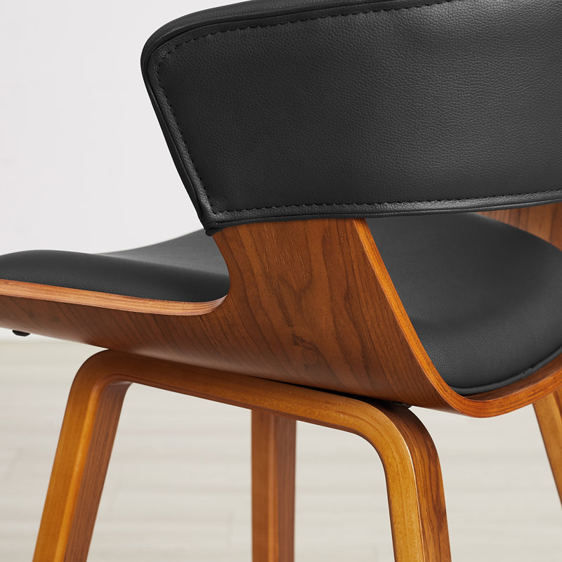 Blayse 26.96" PU Upholstered Counter Bar Stool with Wood Frame (Set of 4), Black Faux Leather/Brown Frame