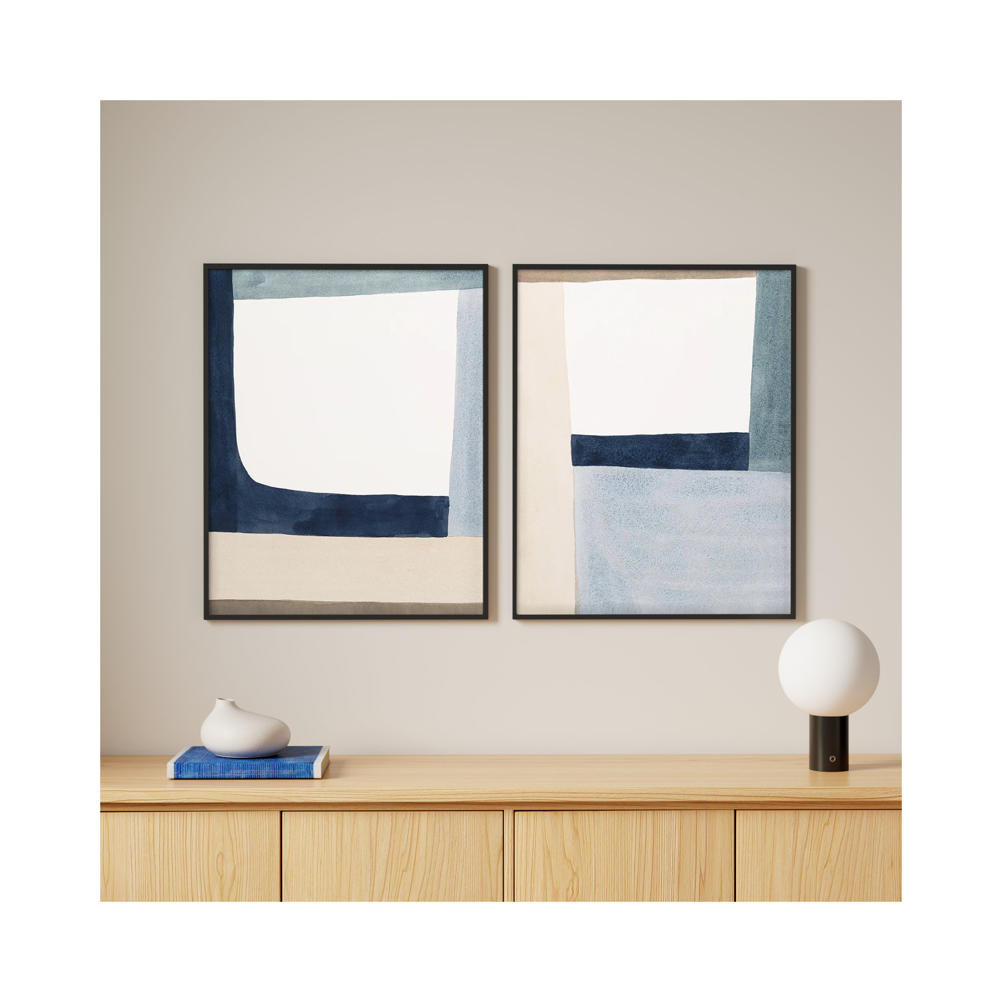 Composition In Blue by Julia Balfour, 30" H x 48" W, Black, Picture Framed Canvas