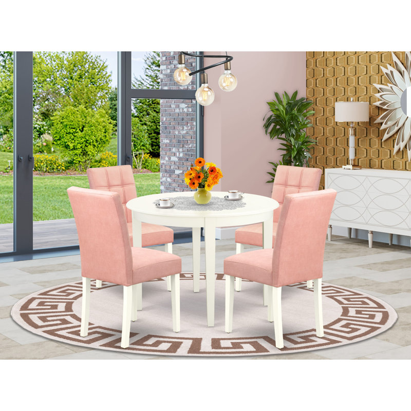 5 Piece Dinner Table Set Includes A Dining Table and 4 Beige Red Polyester Fabric Parson Dining Chairs with Stylish Back- Linen White Finish