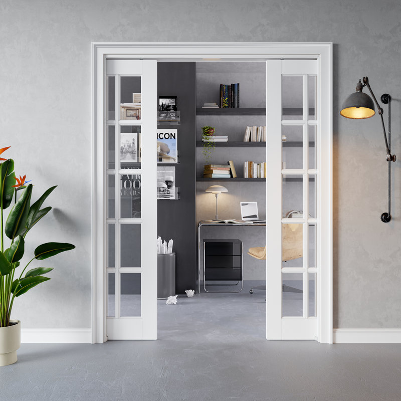 Porte coulissante intérieure à 15 carreaux en verre clair, MDF CARB P2 et verre trempé SGCC, double porte escamotable, avec cadre renforcé et quincaillerie incluse, porte de chambre préfinie et imperméable, pour garde-manger, chambre, salle de bain et placard, teinture facile à appliquer soi-même, 183 cm x 203 cm