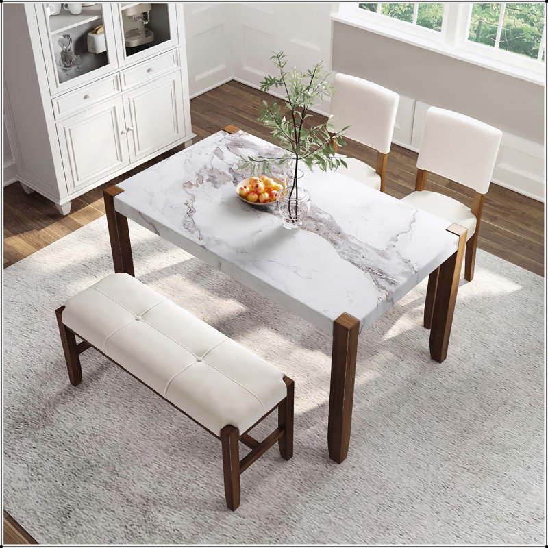 Ensemble de mobilier de salle à manger moderne 4 pièces avec table en faux marbre et chaises et banc rembourrés, conception peu encombrante pour la cuisine et la salle à manger