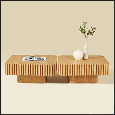 Ensemble de 2 tables basses tambour modernes de 80 cm (31,5 pouces), fabriquées à la main, parfaites pour le salon, avec un pied robuste en MDF et un placage en bois naturel.
