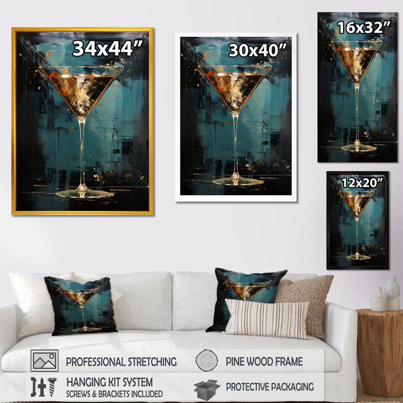 Turquoise Martini Cocktail - Art mural cocktails, H 20 po x l 12 po x P 1 po