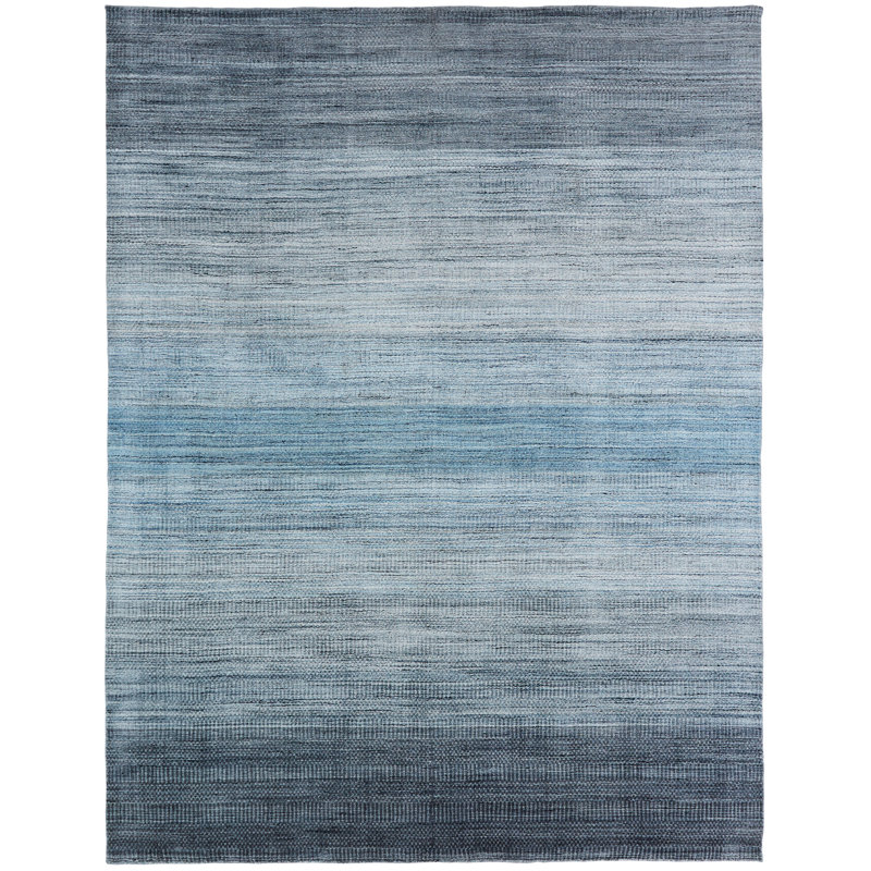 Tapis bleu en laine et en soie tissé à la main Maidenhead, Rectangle 2 pi x 3 pi