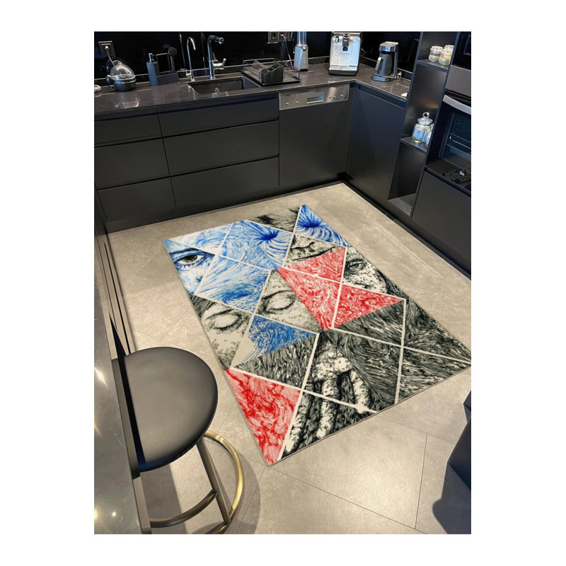 Grey Blue Themed Surrealist Design Face And Eye Patterned Modern Decorative Carpet, Rectangle 4' x 5'11"