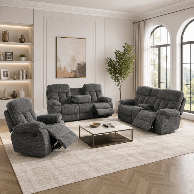 Ensemble de canapé inclinable manuel en microfibre 3 pièces de qualité supérieure avec table basse rabattable, console de rangement et porte-gobelets