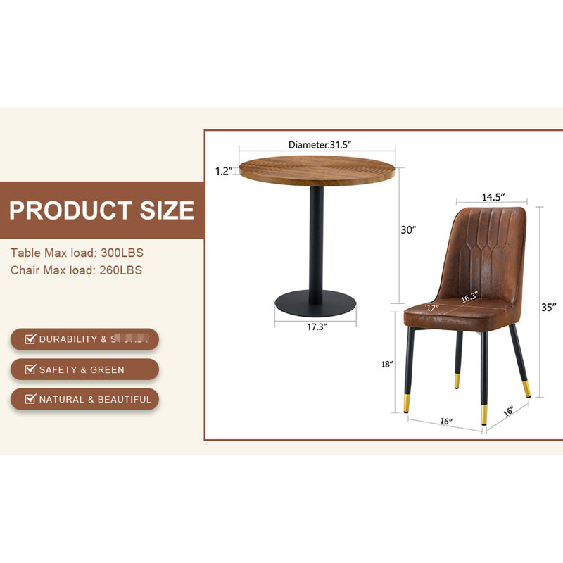 Table de salle à manger ronde de 31,5 pouces en grain de bois foncé avec texture de moulage par aspiration, paire de 2 chaises en tissu brun, sièges confortables, design minimaliste moderne - processus, adapté et fonctionnel, structure
