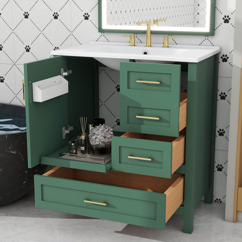 Armoire de rangement pour meuble-lavabo 30 po avec 3 tiroirs et plateau amovible, Vert, Gold