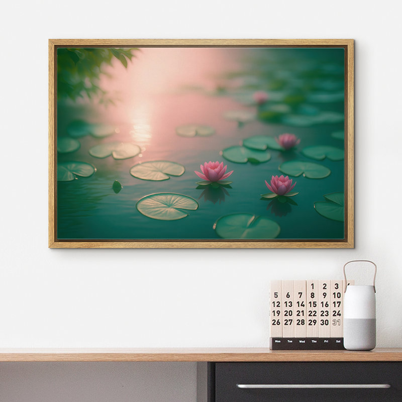 Doux étang de lotus rose au coucher du soleil, reproduction d'art sur toile encadrée dans la chambre principale, Naturel