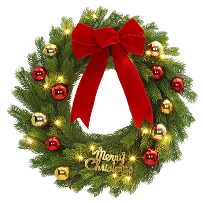 Couronne de Noël 24 pouces avec ruban, 20 lumières DEL rouges et vertes pré-éclairées, décoration des Fêtes