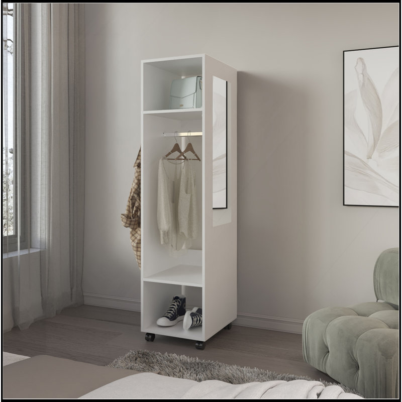 Armoire H 63 po, avec 3 tablettes, 1 miroir et 4 roues, blanc, Blanc