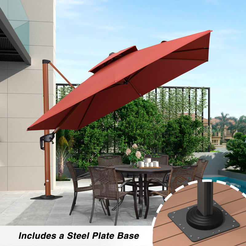 Parasol en porte-à-faux carré en bois 120 "avec base en tôle d'acier, rouge brique 120", Rouge