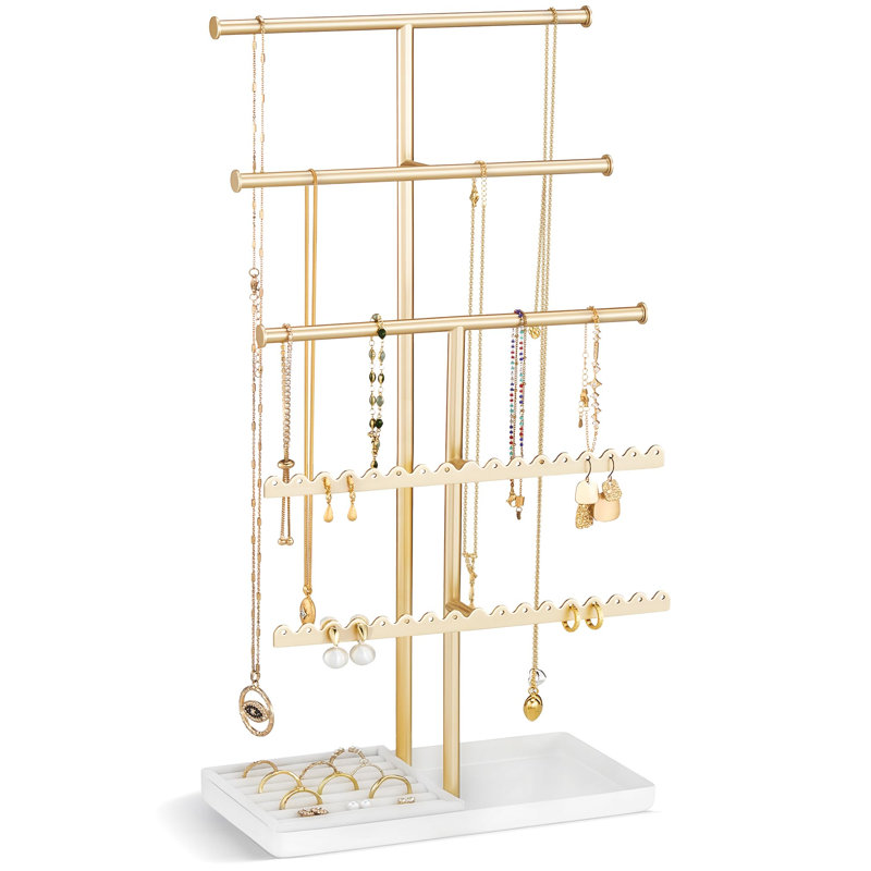 Support à bijoux multi-niveaux en métal avec base épaissie et barre surélevée, 5 niveaux, Doré