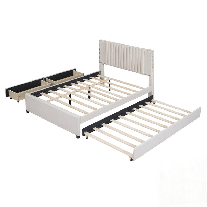 Lit plateforme tapissier pleine grandeur avec 2 tiroirs et 1 lit gigogne simple, tête de lit classique pour chambre à coucher moderne
