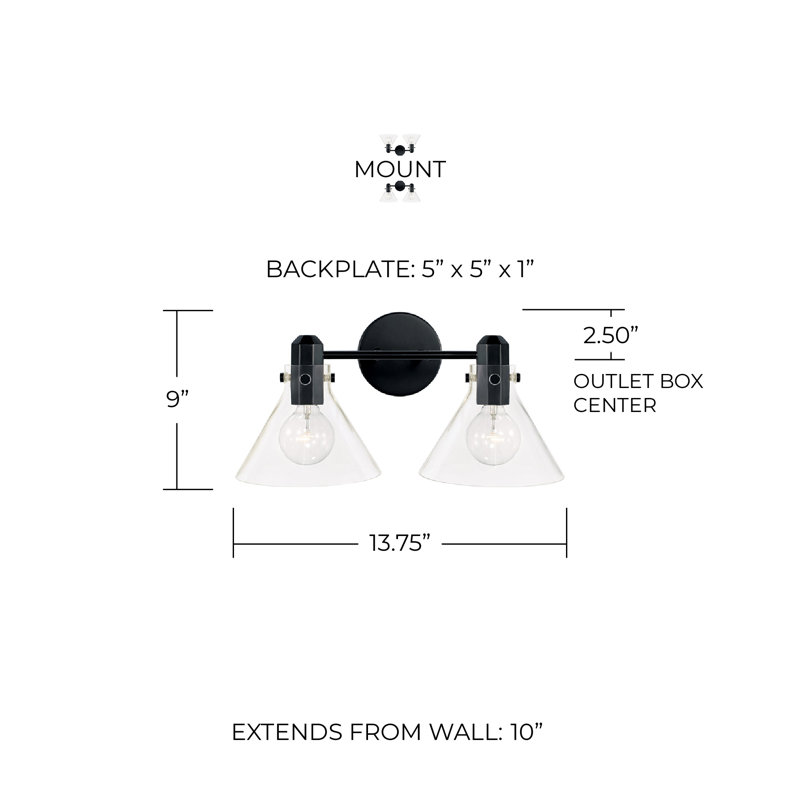 Meuble-lavabo 2 lumières l 18 po x H 9 po en laiton vieilli avec verre transparent, Noir mat