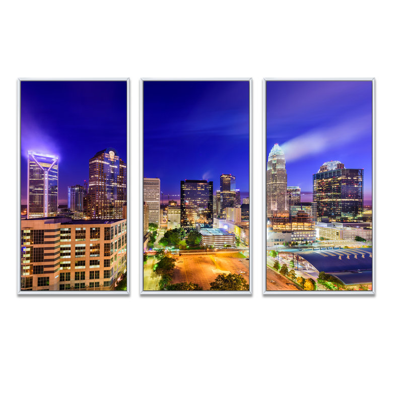 Charlotte North Carolina Cityscape - ensemble de 3 toiles d'art encadrées, H 28 po x l 36 po x P 1 po, Cadre noir