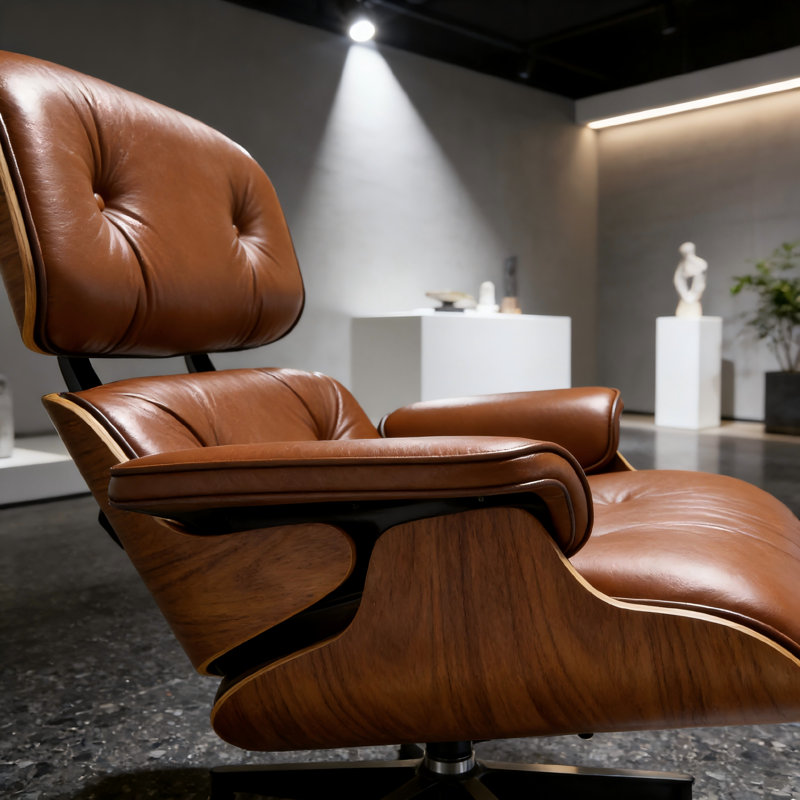 Mid Century Chaise Lounge Chair With Ottoman, Top Grain Leather, Modern Office Chair Classic Design, Heavy Duty Base Support For Living Room Study Lounge Office