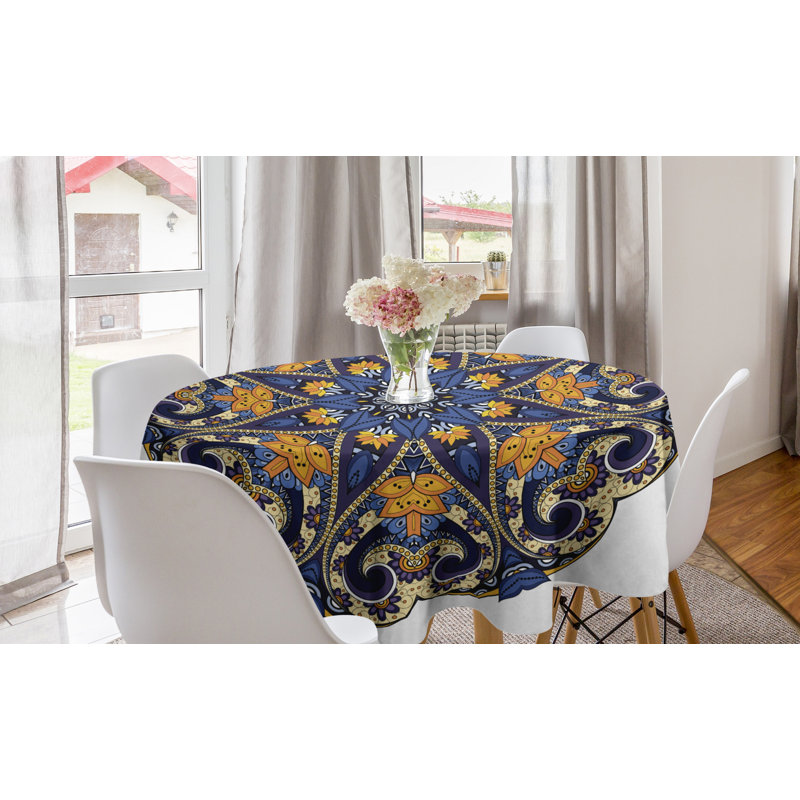 Mandala Round Tablecloth, Floral Motif Vibrant Colors Inner Balance Pattern Style, Circle Table Cloth Cover For Dining Room Kitchen Decoration, 60", Blue Orange Purple