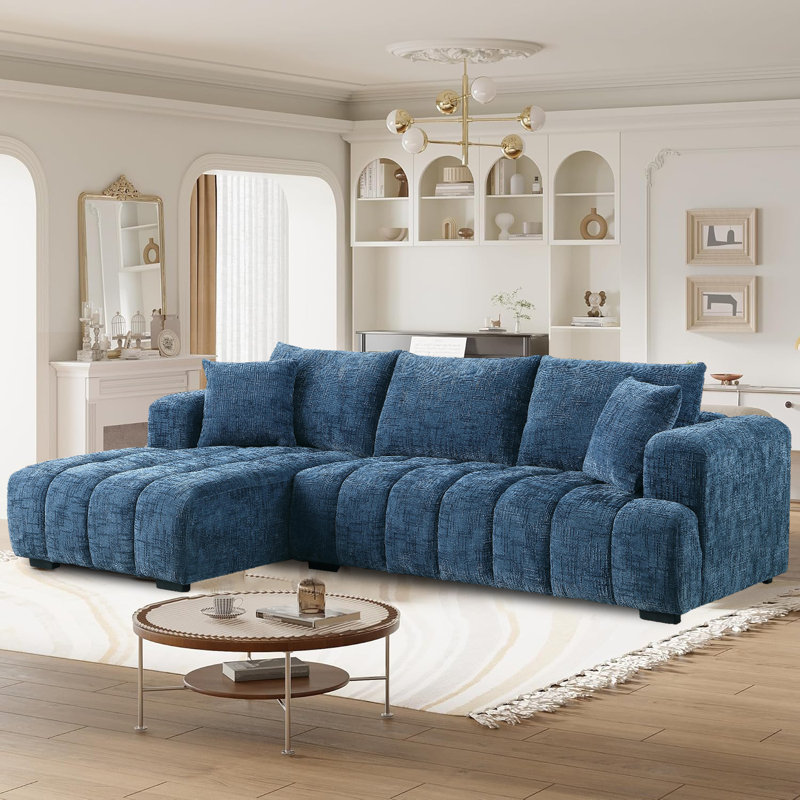 Modern Tufted Sectional Right-chaise Sofa , Orienté à gauche (vu de face), Chenille bleu, H 34,2 po x l 109,4 po x P 62,5 po