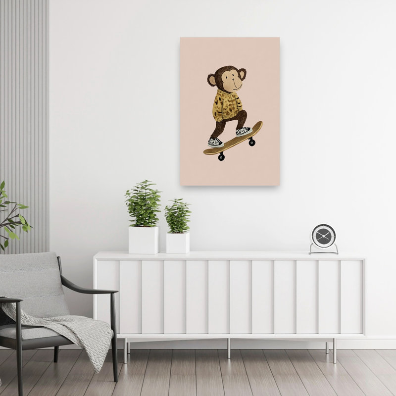 Skateboarding Monkey Fun Playful Contemporary Monkey Urban Wall Art Print 1 Piece Wrapped Canvas Wall Art