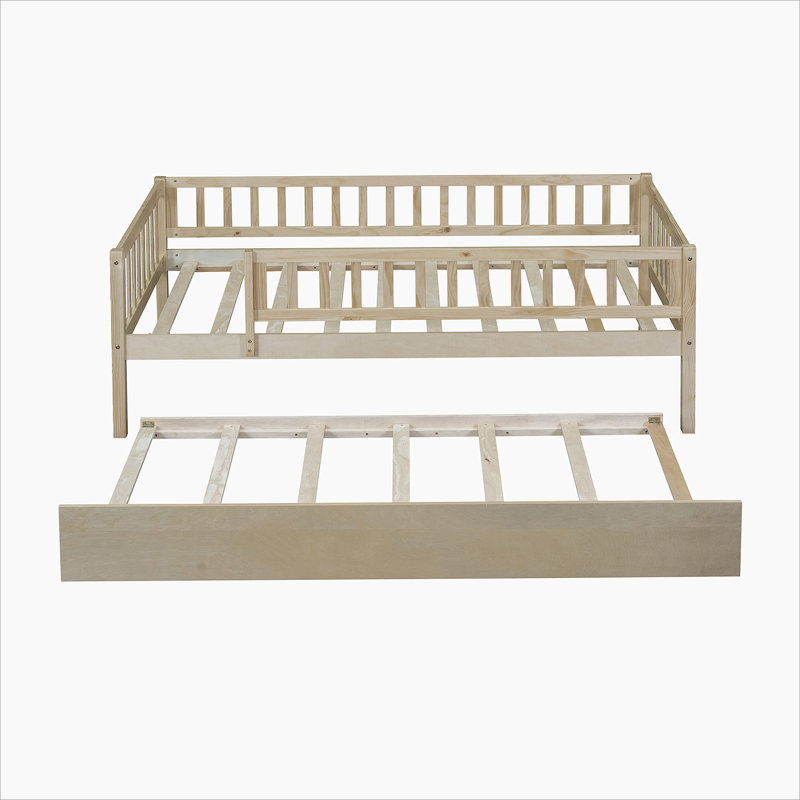 Wood Daybed with Trundle and Fence Guardrails, Natural, Twin