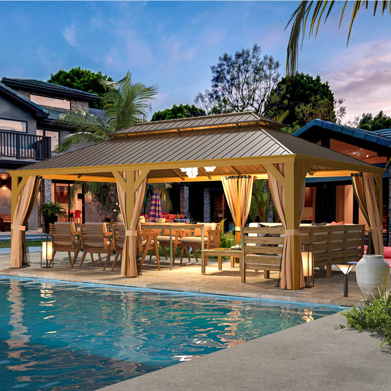 14 pi. L 22 pi. Pavillon de jardin en aluminium D Pro Series, pavillon de jardin à toit rigide de qualité supérieure avec double toit en acier galvanisé, pavillon extérieur permanent en métal avec rideau et filet pour patio, pelouse, terrasse