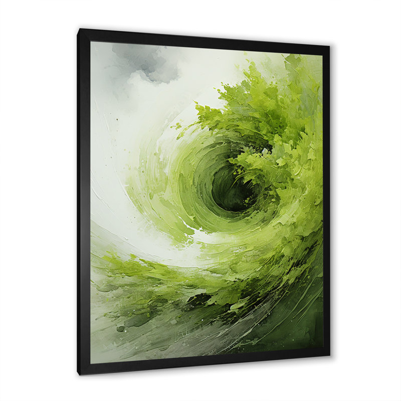 «Green and White Whsipering Abstract Spiral I», art mural spirales abstraites, Cadre simple noir, H 20 po x l 12 po x P 1 po