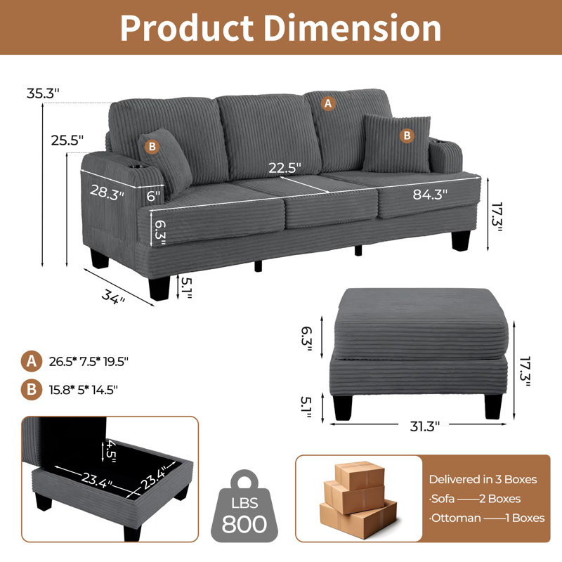 Oriana 2-Piece Sofa And Ottoman With Pillow And USB Port For Small Space Living Room Apartment, Gray Corduroy