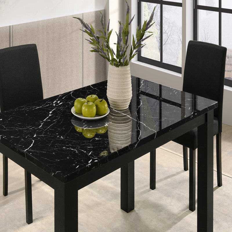 47.2" Contemporary Dining Table with Faux Marble Top – Black Frame Rectangular Table for Kitchen & Dining Room, Black